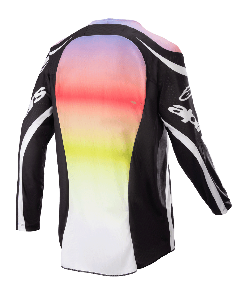 Alpinestars 2023 Racer Semi Jersey, motocross-trøje, sort multifarvet, set bagfra med et stort centralt panel med en livlig lilla til gul farveovergang, sorte ærmer og skuldre med hvide logo-detaljer og buede linjer, designet til off-road performance