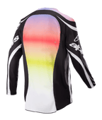Alpinestars 2023 Racer Semi Jersey, motocross-trøje, sort multifarvet, set bagfra med et stort centralt panel med en livlig lilla til gul farveovergang, sorte ærmer og skuldre med hvide logo-detaljer og buede linjer, designet til off-road performance