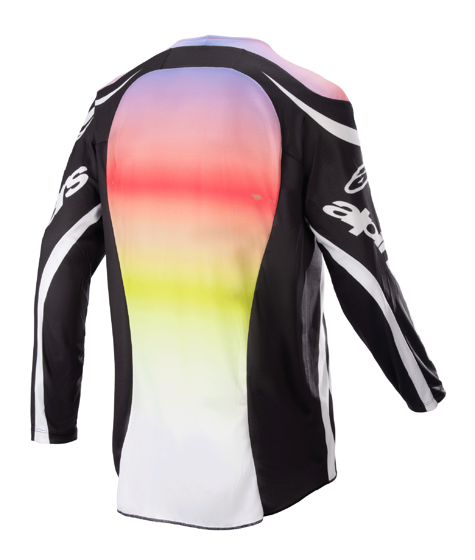 Alpinestars 2023 Racer Semi Jersey, motocross-trøje, sort multifarvet, set bagfra med et stort centralt panel med en livlig lilla til gul farveovergang, sorte ærmer og skuldre med hvide logo-detaljer og buede linjer, designet til off-road performance
