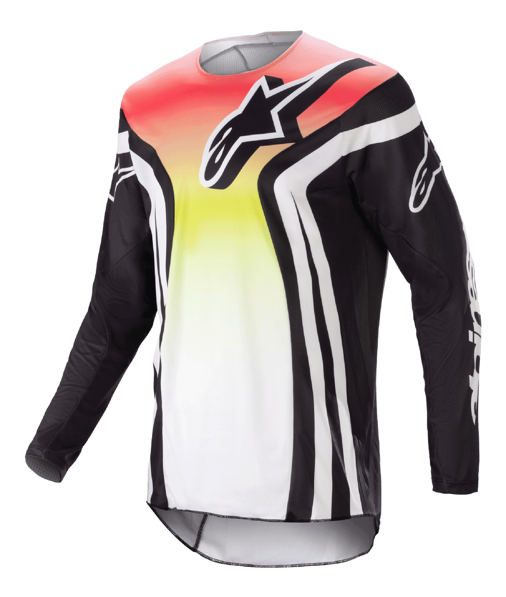 Alpinestars 2023 Racer Semi trøje, langærmet motocrosstrøje, sort og multifarvet med rød, gul og hvid gradient, markant brystlogo og hvide striber på ærmerne, letvægts fugtafledende materiale til off-road kørsel