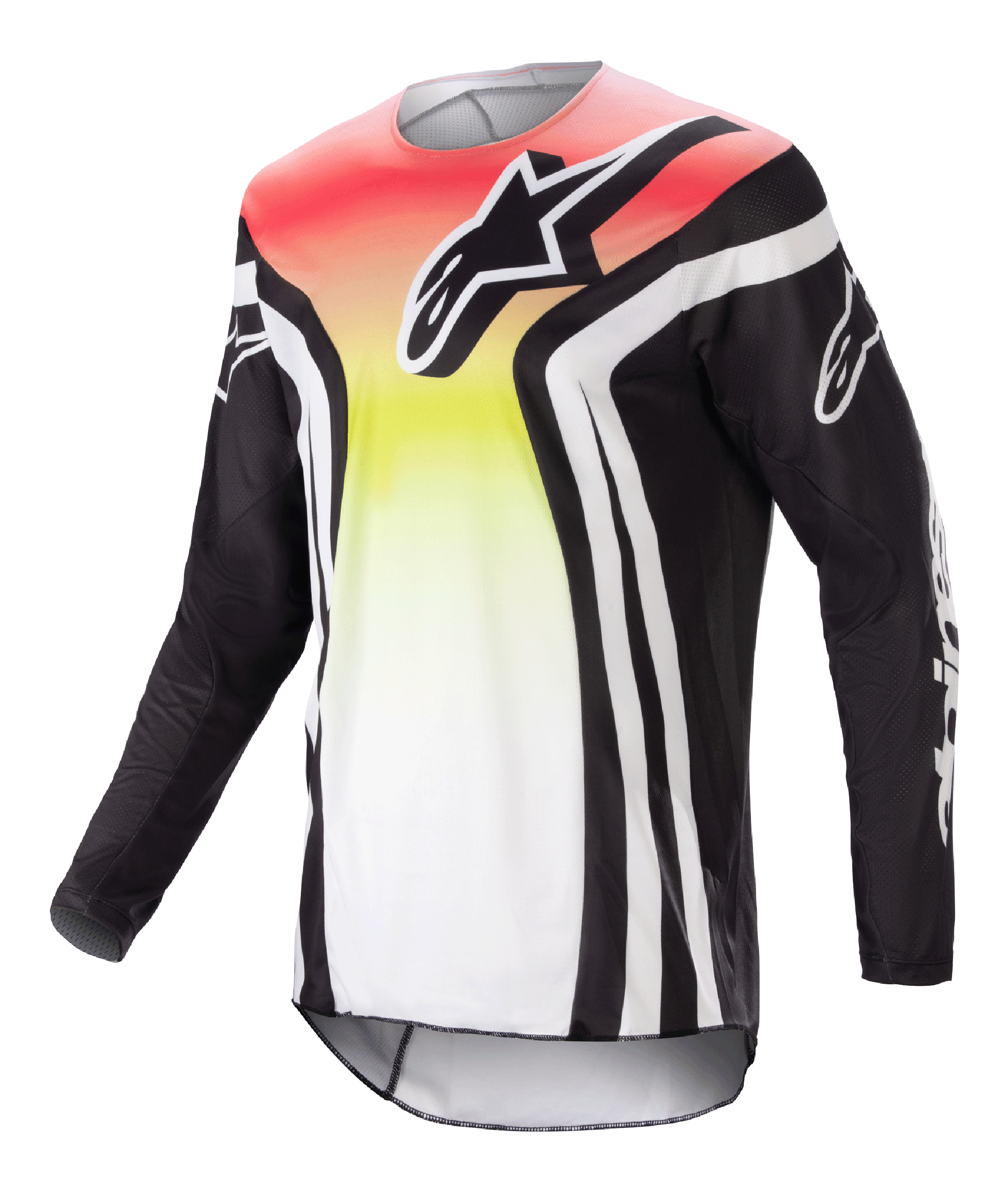 Alpinestars 2023 Racer Semi trøje, langærmet motocrosstrøje, sort og multifarvet med rød, gul og hvid gradient, markant brystlogo og hvide striber på ærmerne, letvægts fugtafledende materiale til off-road kørsel