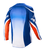 Alpinestars 2023 Racer Semi Jersey, motocross-trøje, blå, hot orange og hvid, set bagfra med blåt til hvidt gradueret midterpanel, orange detaljer på ærmerne med hvidt logo, forlænget rygstykke til off-road kørsel