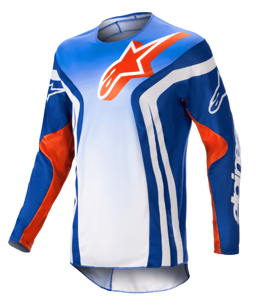 Alpinestars 2023 Racer Semi Jersey, langærmet motocross-trøje, blå og hvid gradient med Hot Orange detaljer, stort orange Alpinestars-logo på brystet, markante hvide lodrette striber på siderne, letvægts fugtafledende materiale til terrænkørsel