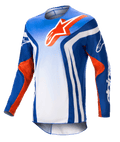 Alpinestars 2023 Racer Semi Jersey, langærmet motocross-trøje, blå og hvid gradient med Hot Orange detaljer, stort orange Alpinestars-logo på brystet, markante hvide lodrette striber på siderne, letvægts fugtafledende materiale til terrænkørsel