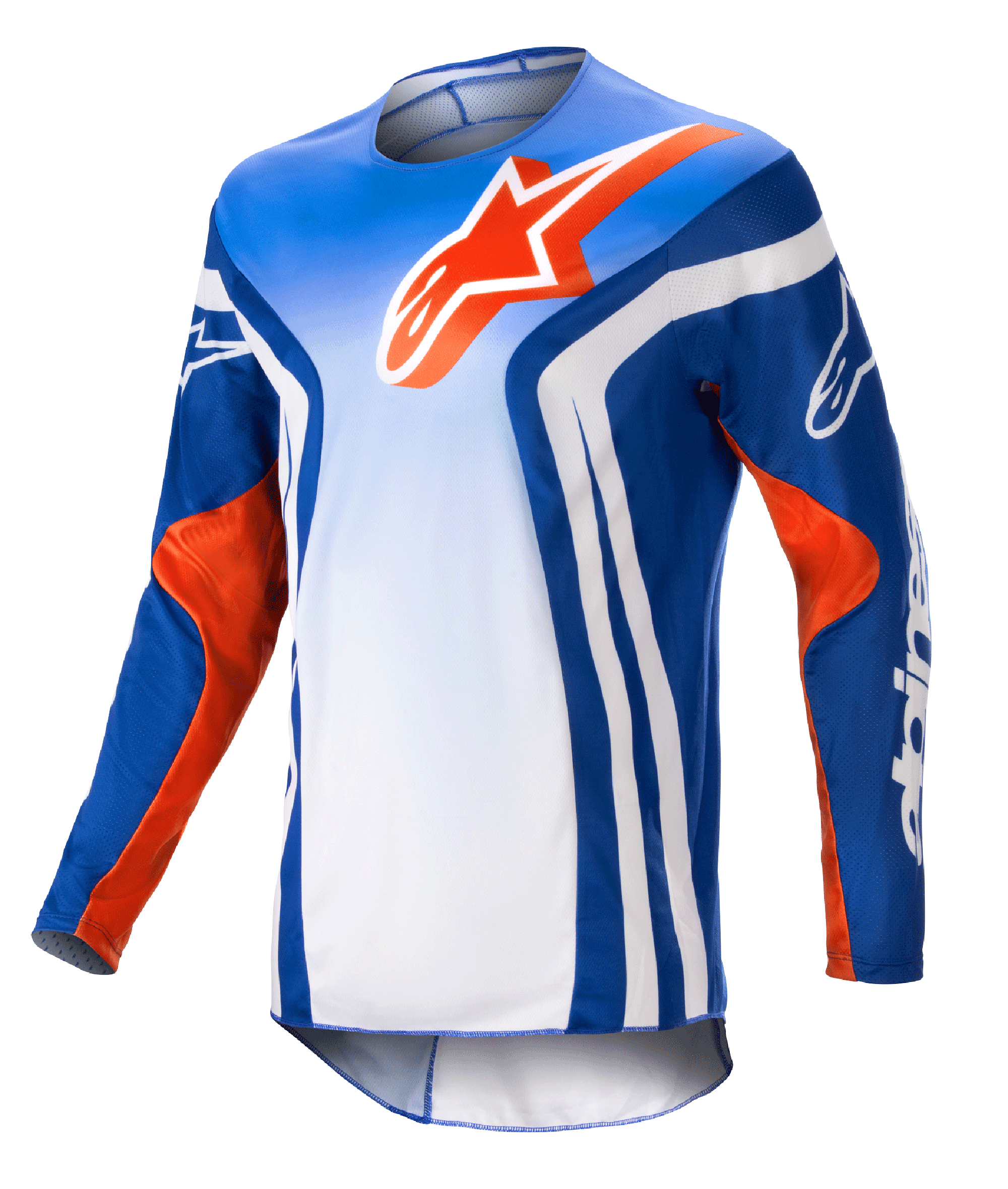 Alpinestars 2023 Racer Semi Jersey, langærmet motocross-trøje, blå og hvid gradient med Hot Orange detaljer, stort orange Alpinestars-logo på brystet, markante hvide lodrette striber på siderne, letvægts fugtafledende materiale til terrænkørsel