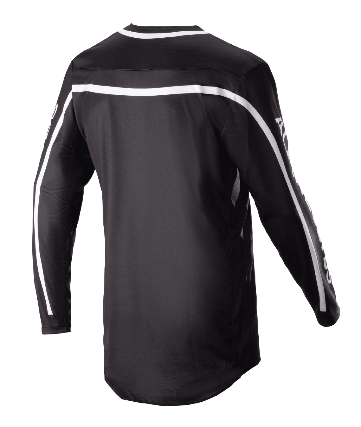 Alpinestars 2023 Racer Found Jersey, sort motocross-trøje, set bagfra med hvide striber over skuldre og ærmer, langærmet design med forlænget bagstykke for dækning, letvægts og åndbart performance-udstyr