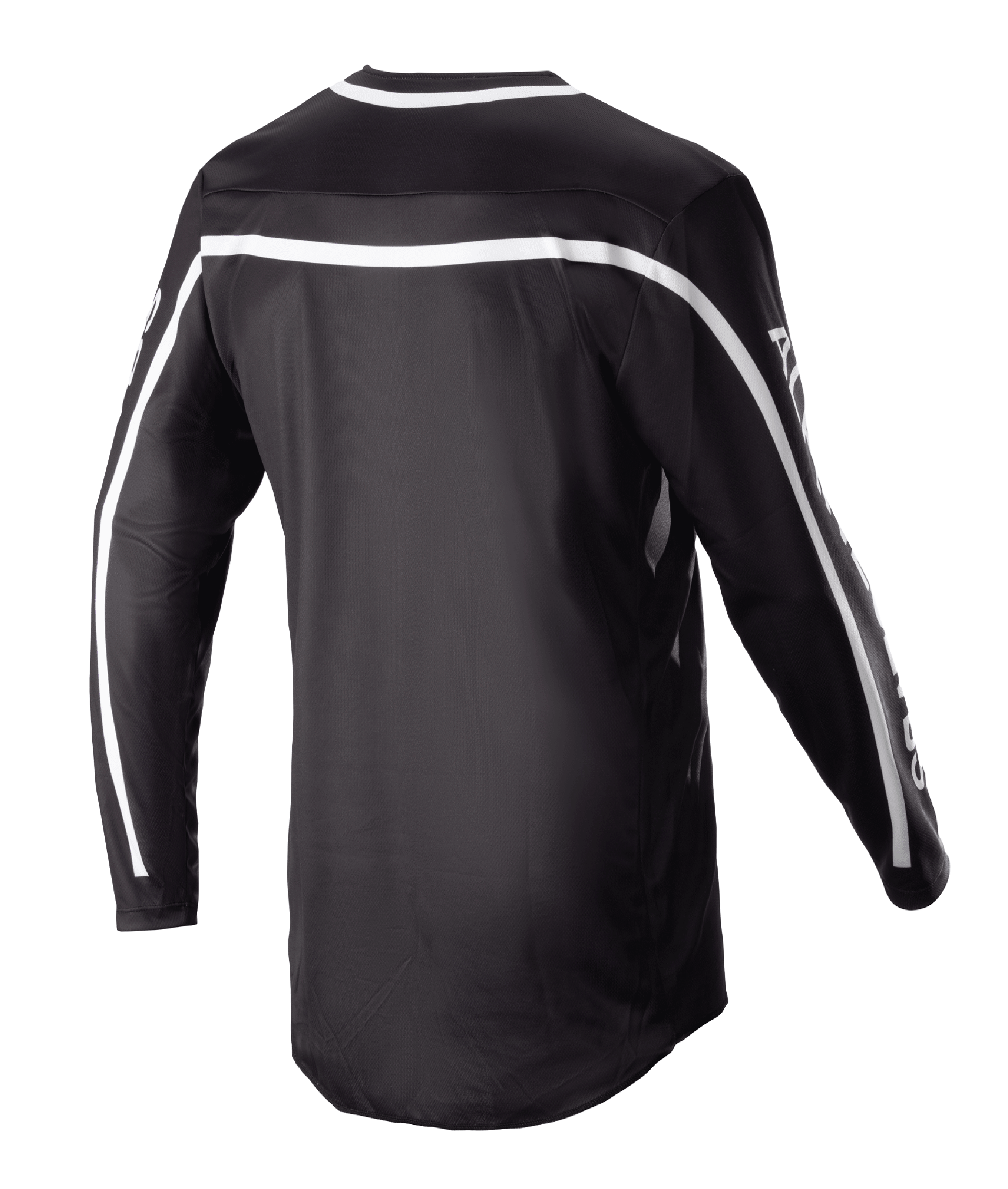 Alpinestars 2023 Racer Found Jersey, sort motocross-trøje, set bagfra med hvide striber over skuldre og ærmer, langærmet design med forlænget bagstykke for dækning, letvægts og åndbart performance-udstyr