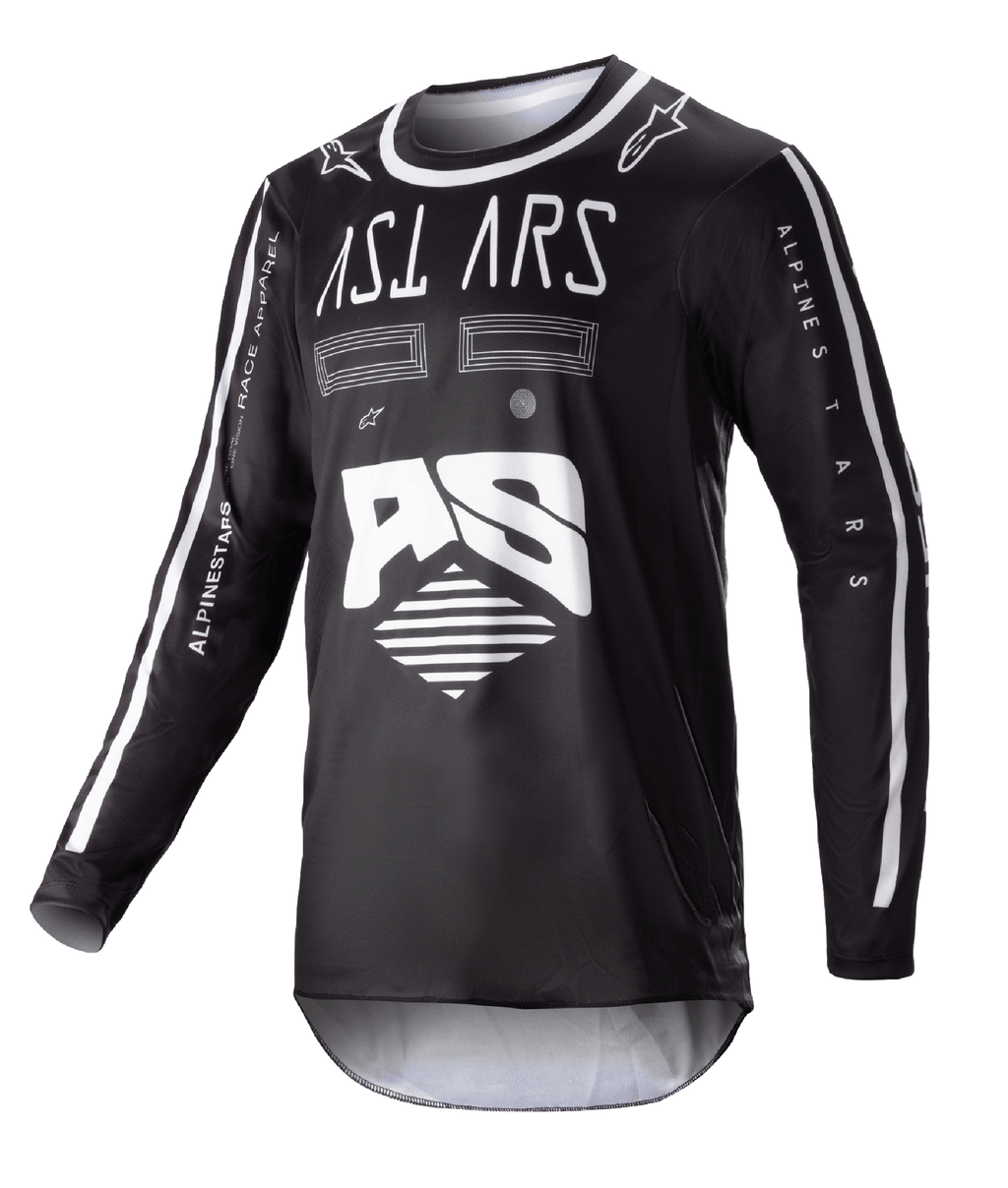 Alpinestars 2023 Racer Found Jersey, sort langærmet motocross-trøje, hvid abstrakt grafik og stort AS-logo, ASTARS-branding på brystet, rund hals med hvid kant, performance racertøj