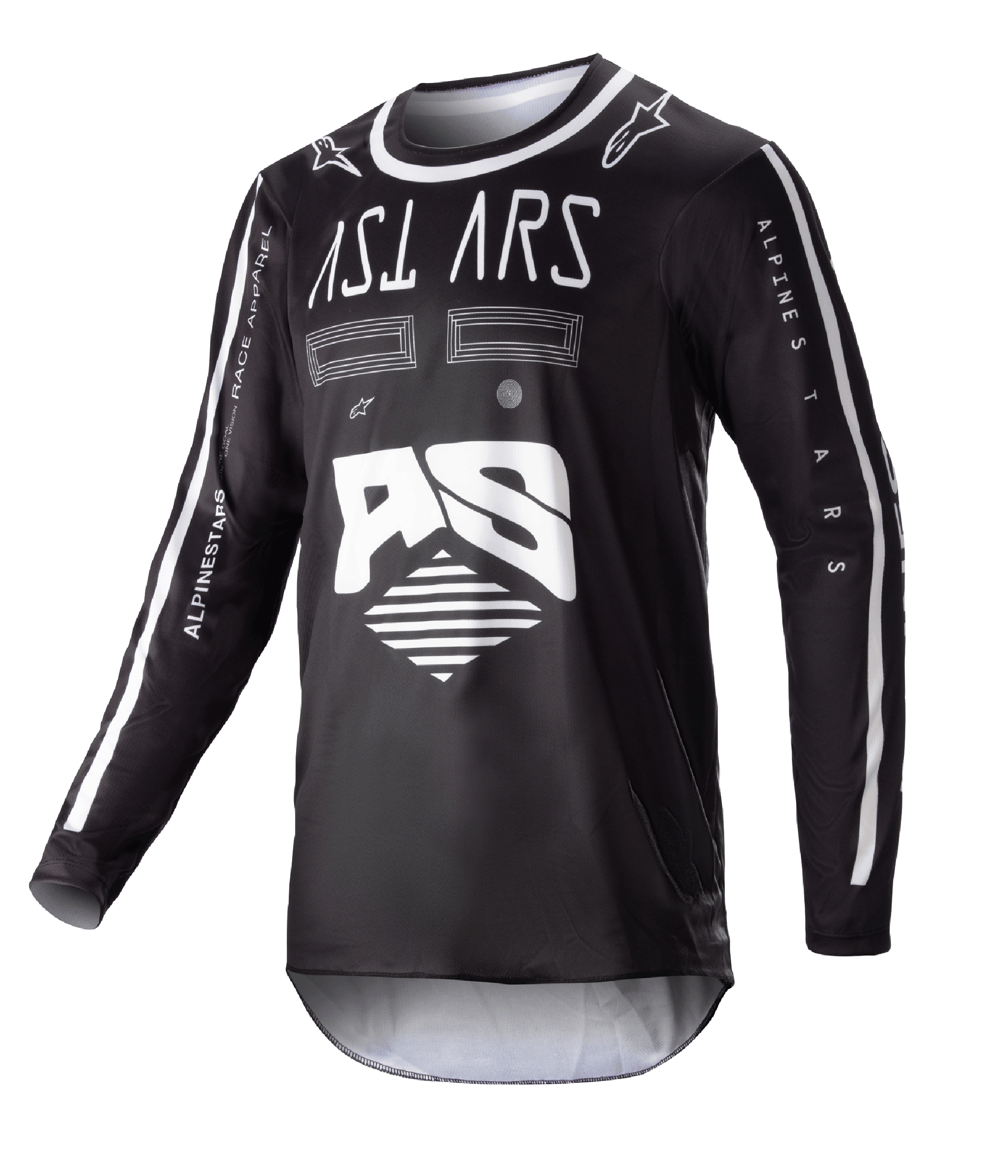 Alpinestars 2023 Racer Found Jersey, sort langærmet motocross-trøje, hvid abstrakt grafik og stort AS-logo, ASTARS-branding på brystet, rund hals med hvid kant, performance racertøj