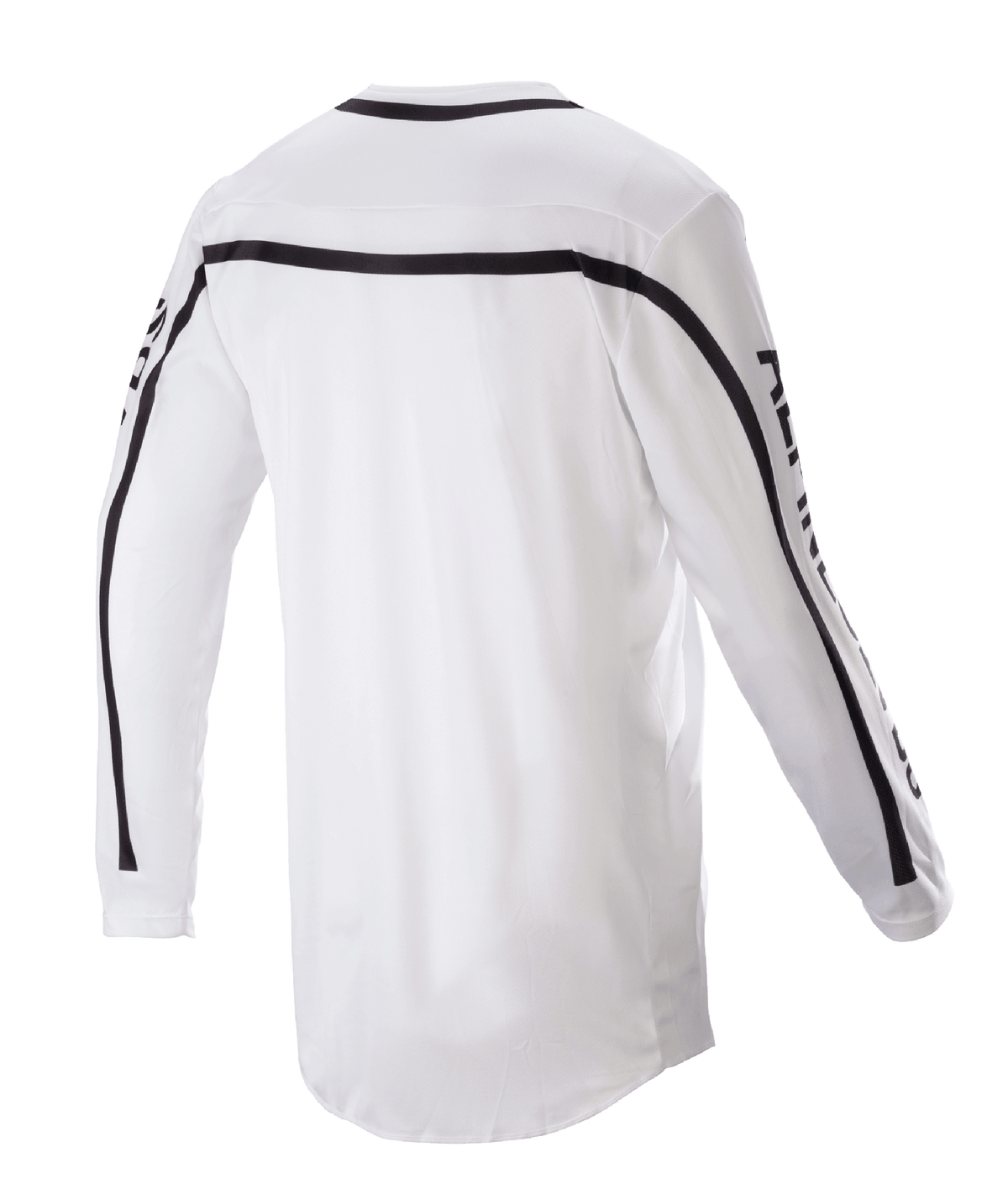 Alpinestars 2023 Racer Found Jersey, motocross-trøje, hvid, set bagfra med sorte striber over skuldre og ærmer, forlænget bagstykke for bedre dækning, letvægts poly-stofkonstruktion
