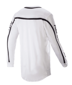 Alpinestars 2023 Racer Found Jersey, motocross-trøje, hvid, set bagfra med sorte striber over skuldre og ærmer, forlænget bagstykke for bedre dækning, letvægts poly-stofkonstruktion