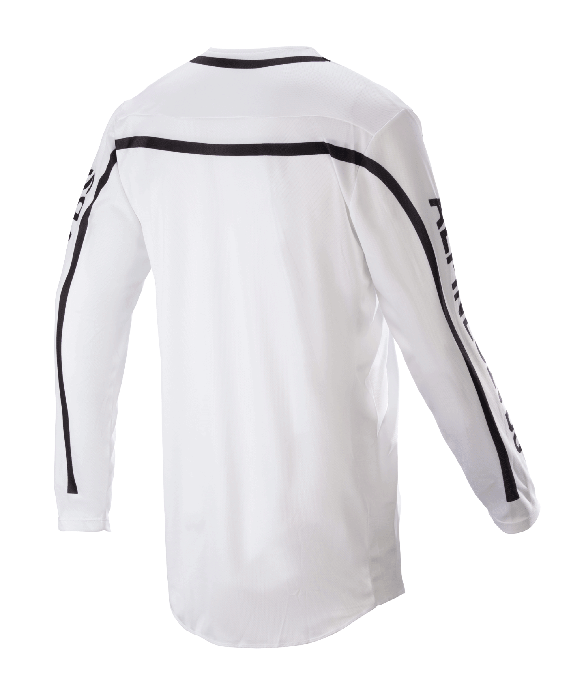 Alpinestars 2023 Racer Found Jersey, motocross-trøje, hvid, set bagfra med sorte striber over skuldre og ærmer, forlænget bagstykke for bedre dækning, letvægts poly-stofkonstruktion