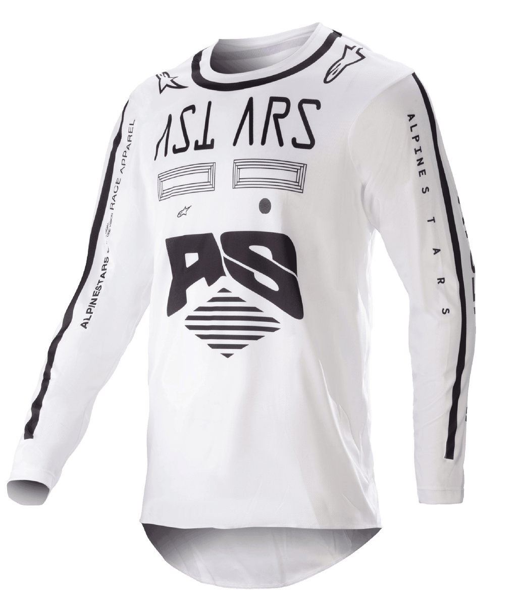 Alpinestars 2023 Racer Found Jersey, motocross-trøje, hvid og sort, markant sort grafik og branding på bryst og ærmer, letvægts performancemateriale med sort krave, off-road racerbeklædning