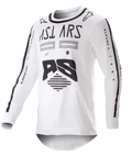Alpinestars 2023 Racer Found Jersey, motocross-trøje, hvid og sort, markant sort grafik og branding på bryst og ærmer, letvægts performancemateriale med sort krave, off-road racerbeklædning
