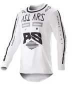 Alpinestars 2023 Racer Found Jersey, motocross-trøje, hvid og sort, markant sort grafik og branding på bryst og ærmer, letvægts performancemateriale med sort krave, off-road racerbeklædning