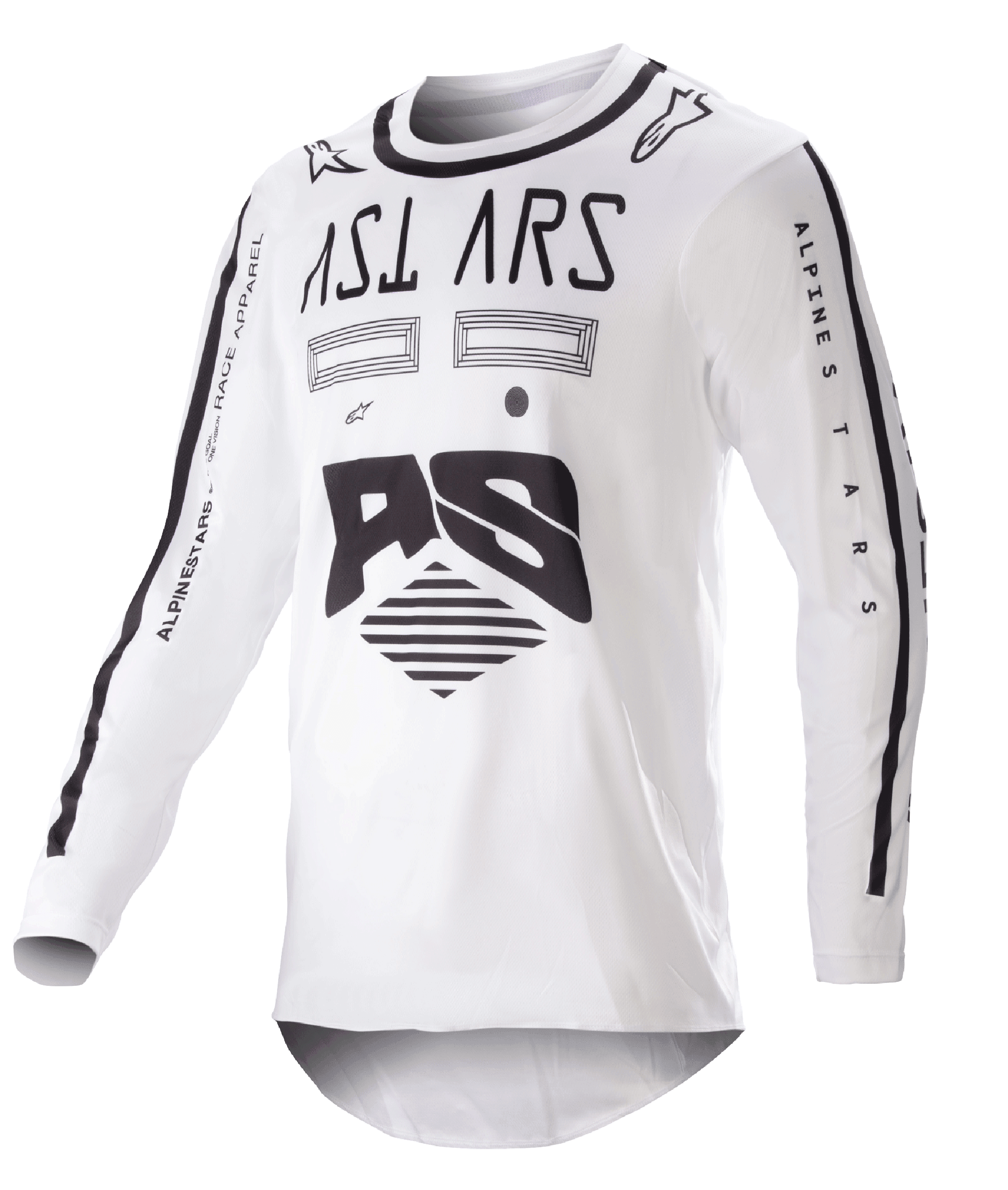 Alpinestars 2023 Racer Found Jersey, motocross-trøje, hvid og sort, markant sort grafik og branding på bryst og ærmer, letvægts performancemateriale med sort krave, off-road racerbeklædning