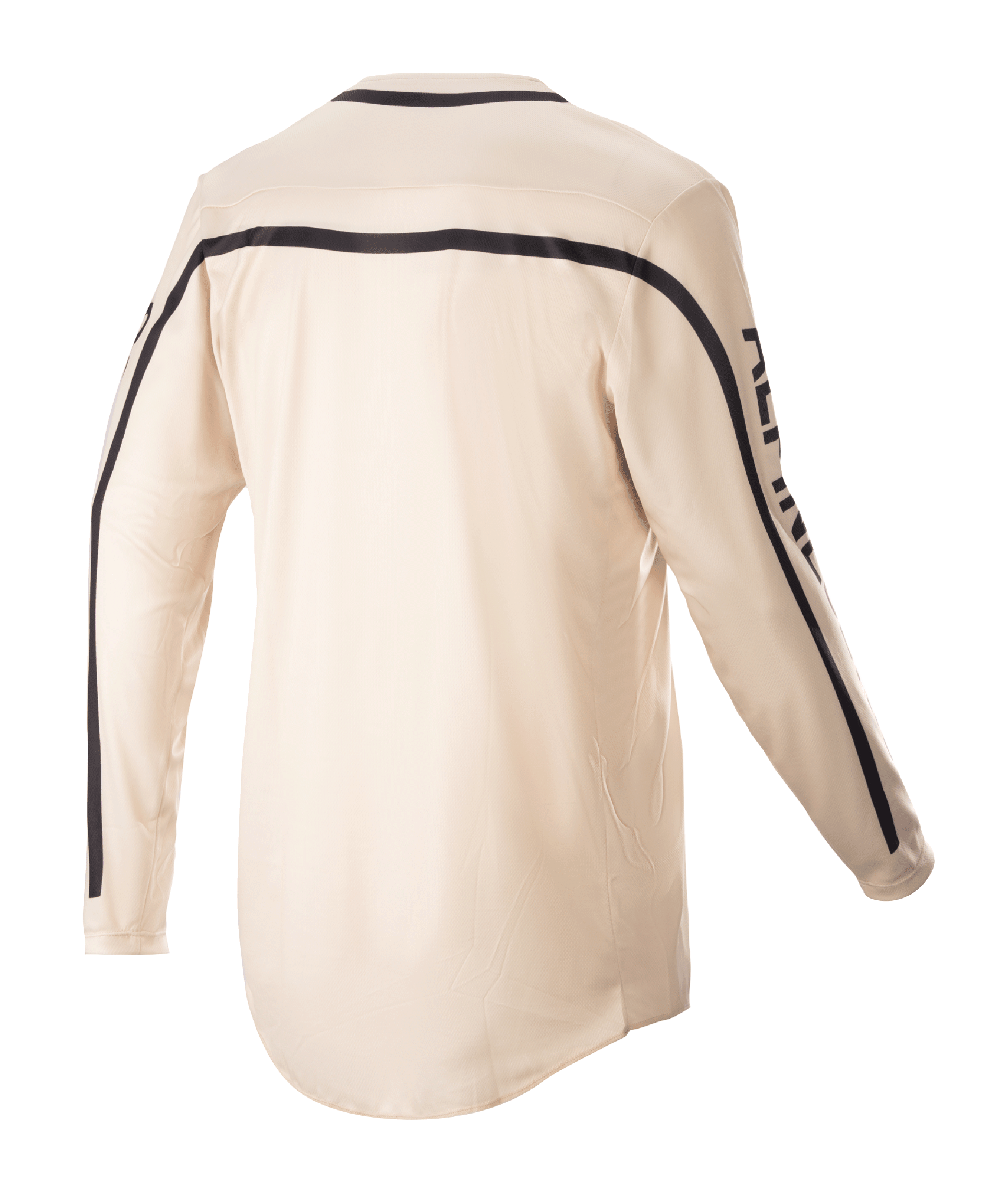 Alpinestars 2023 Racer Found Jersey, motocross-trøje, Mountain (Tan), set bagfra, med sorte striber over skuldrene og ned ad ærmerne, ergonomisk snit med længere bagside for dækning under kørsel