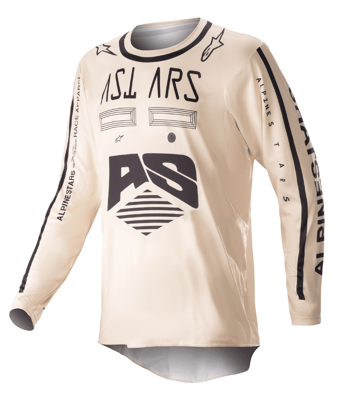 Alpinestars 2023 Racer Found Jersey, motocross-trøje, beige med sort grafik, langærmet off-road performance-udstyr, med AS-logo og branding på ærmerne