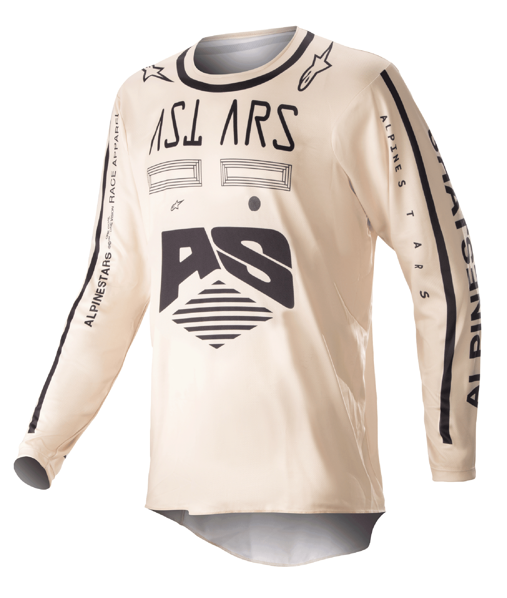 Alpinestars 2023 Racer Found Jersey, motocross-trøje, beige med sort grafik, langærmet off-road performance-udstyr, med AS-logo og branding på ærmerne