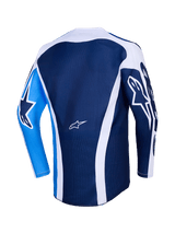 Alpinestars 2026 Racer Air Portl Jersey, set bagfra, Ucla blå og hvid, mørkeblå mesh-overdel med hvide buede detaljer, lyseblåt venstre ærme med mørkeblåt stjerne-logo, mørkeblåt højre ærme med hvidt stjerne-logo, åndbar motocross-trøje til præstationskørsel