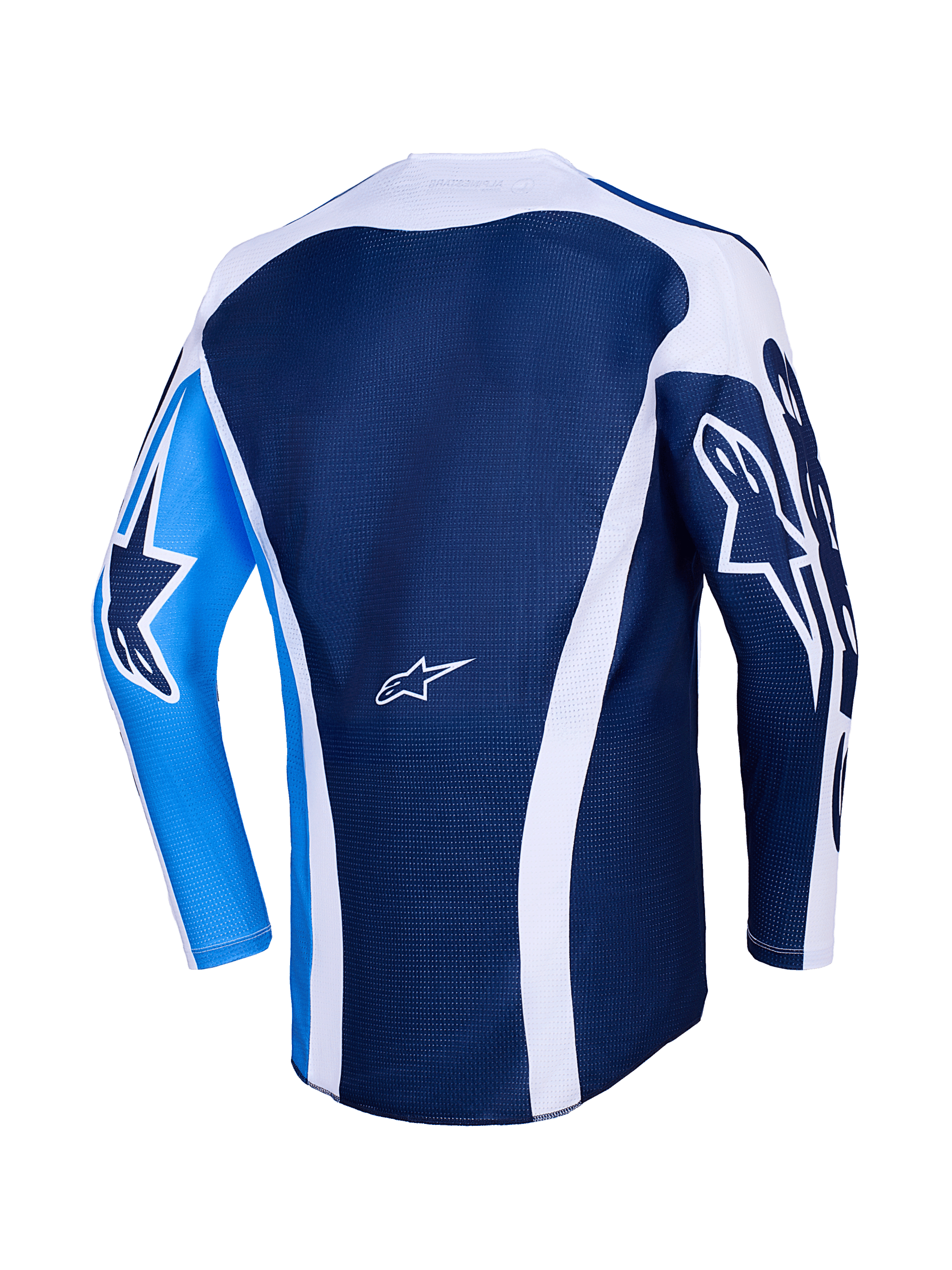 Alpinestars 2026 Racer Air Portl Jersey, set bagfra, Ucla blå og hvid, mørkeblå mesh-overdel med hvide buede detaljer, lyseblåt venstre ærme med mørkeblåt stjerne-logo, mørkeblåt højre ærme med hvidt stjerne-logo, åndbar motocross-trøje til præstationskørsel