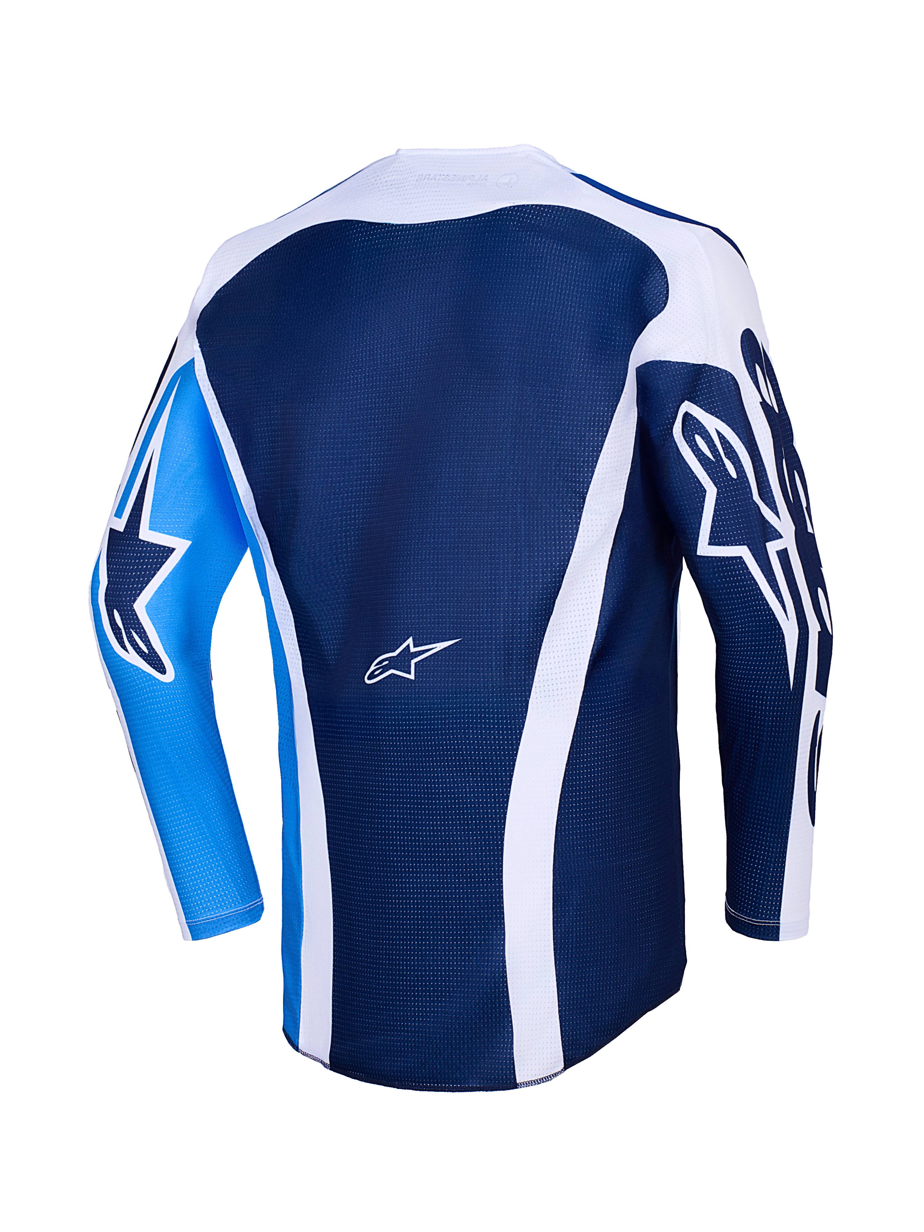 Alpinestars 2026 Racer Air Portl Jersey, set bagfra, Ucla blå og hvid, mørkeblå mesh-overdel med hvide buede detaljer, lyseblåt venstre ærme med mørkeblåt stjerne-logo, mørkeblåt højre ærme med hvidt stjerne-logo, åndbar motocross-trøje til præstationskørsel