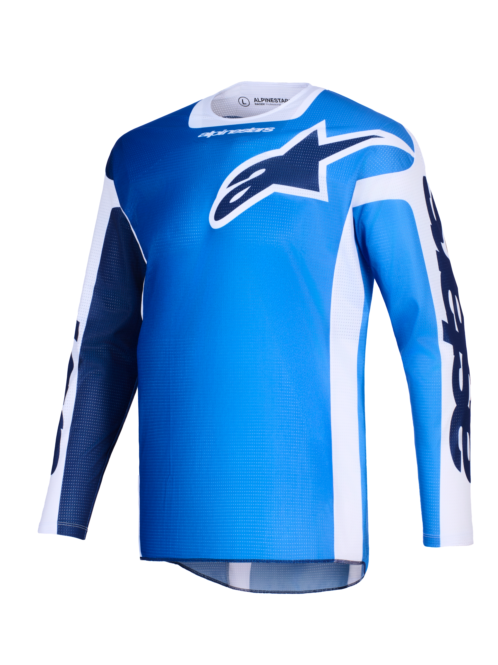Alpinestars 2026 Racer Air Portl Jersey, motocross-trøje, Ucla blå og hvid, med et stort mørkeblåt Astars-logo på brystet, hvide sidepaneler, letvægts mesh-struktur for høj luftgennemstrømning