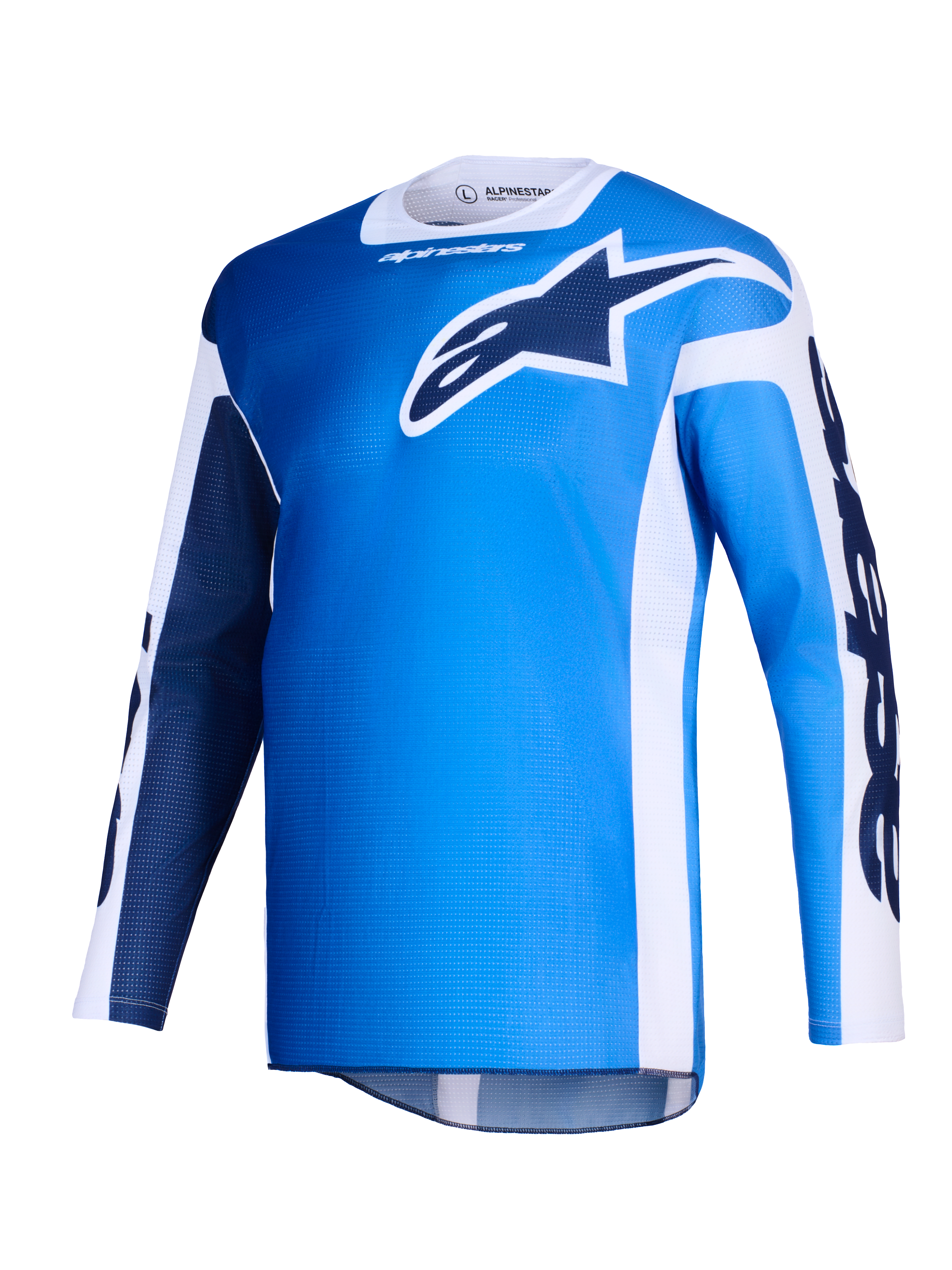Alpinestars 2026 Racer Air Portl Jersey, motocross-trøje, Ucla blå og hvid, med et stort mørkeblåt Astars-logo på brystet, hvide sidepaneler, letvægts mesh-struktur for høj luftgennemstrømning