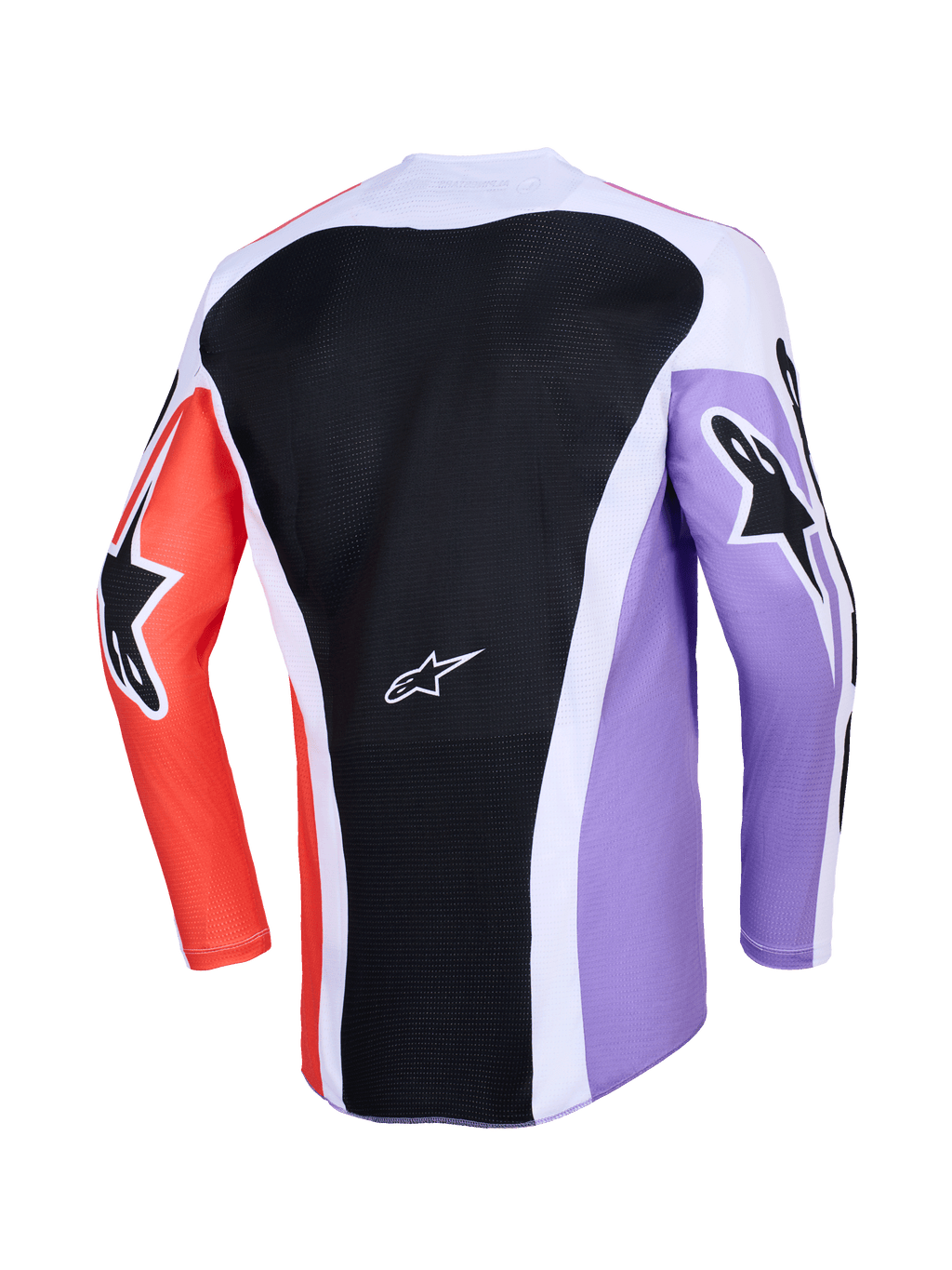 Alpinestars 2026 Racer Air Portl trøje, set bagfra af langærmet motocross-trøje, multifarvet design med et sort mesh-rygpanel, lilla og orange ærmer med sorte stjerne-logoer, hvide detaljer og åndbar konstruktion til terrænkørsel.