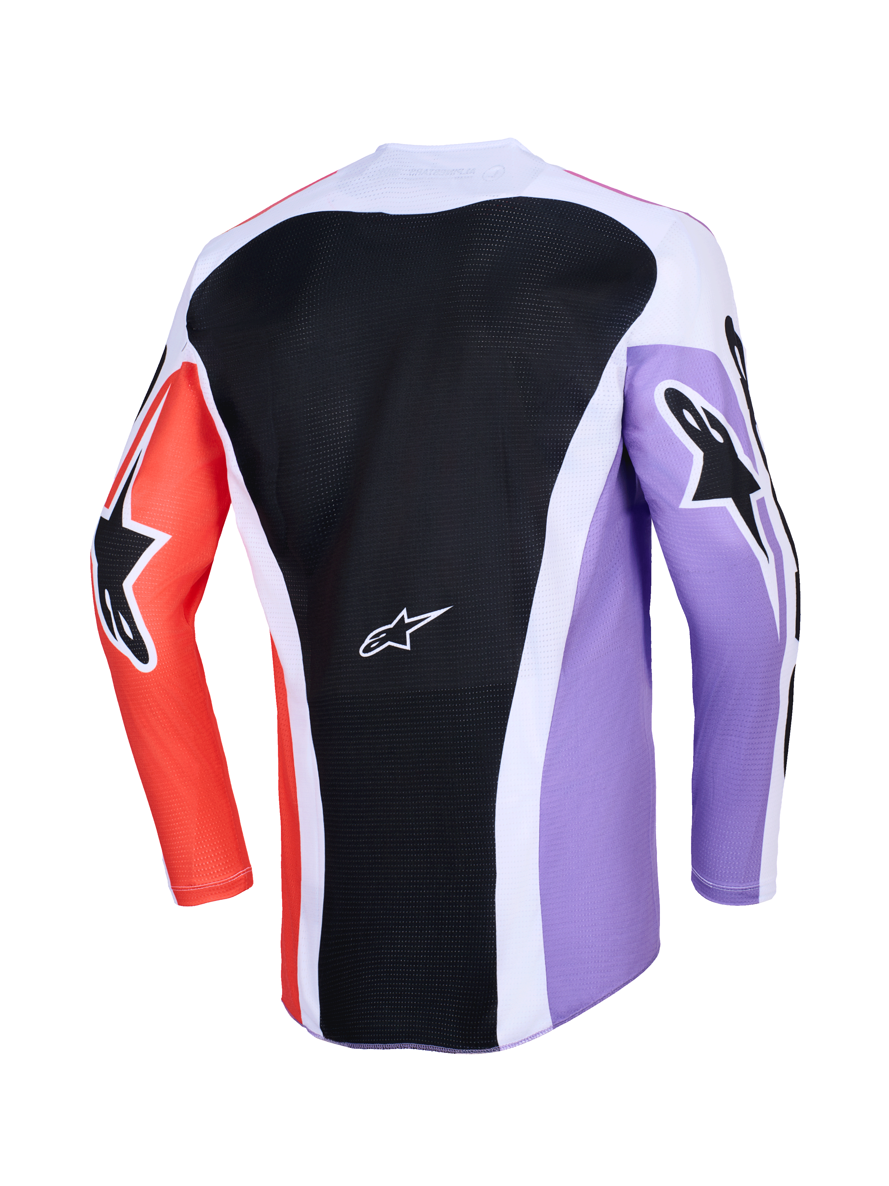 Alpinestars 2026 Racer Air Portl trøje, set bagfra af langærmet motocross-trøje, multifarvet design med et sort mesh-rygpanel, lilla og orange ærmer med sorte stjerne-logoer, hvide detaljer og åndbar konstruktion til terrænkørsel.