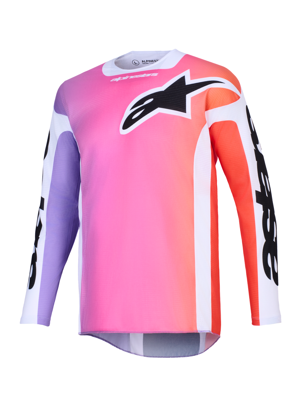Alpinestars 2026 Racer Air Portl trøje, motocross-trøje, flerfarvet gradient med pink, lilla og orange, stort sort Astars-logo på brystet, hvide sidepaneler, åndbart mesh-materiale, lange ærmer og forlænget rygstykke
