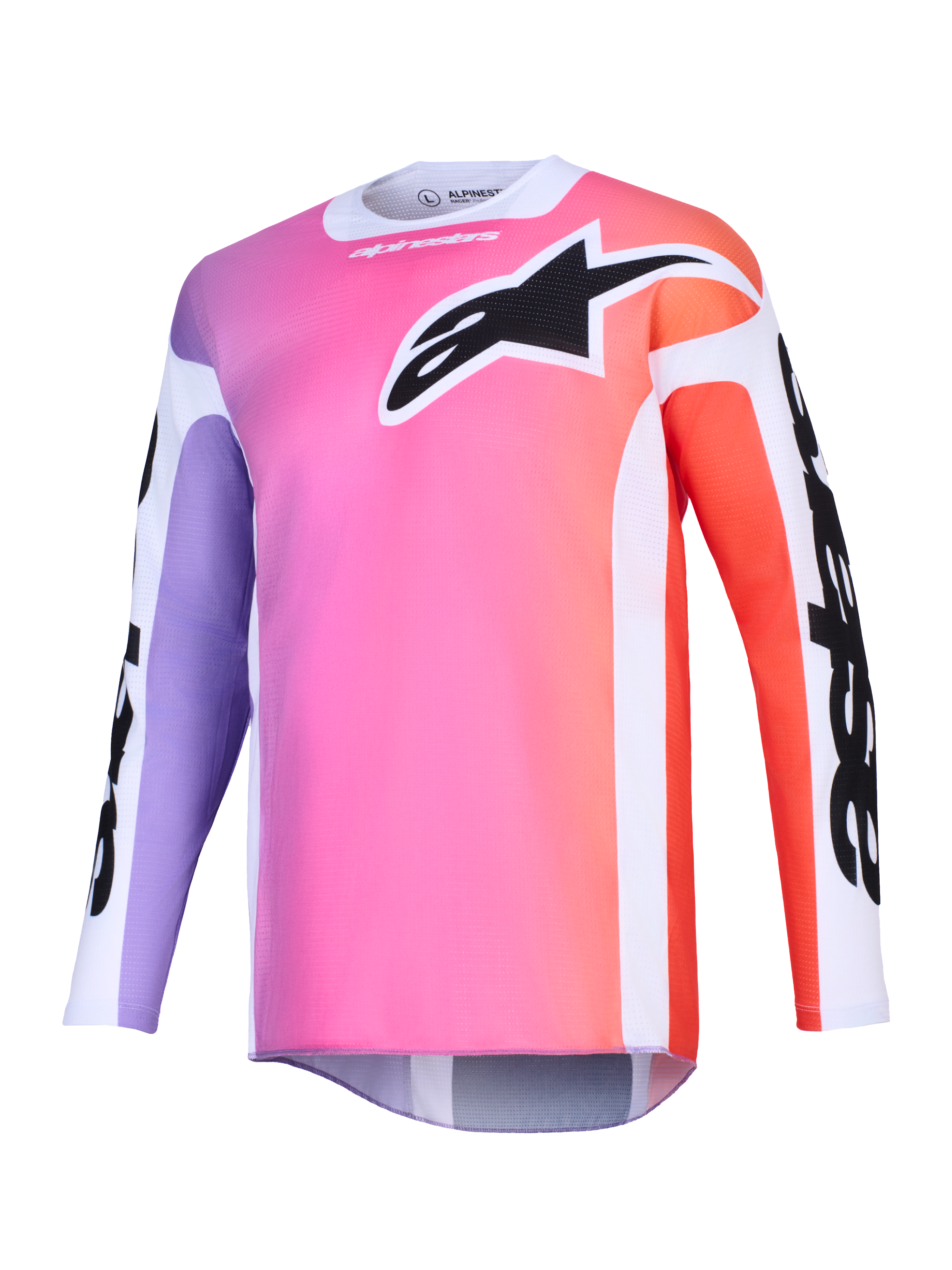 Alpinestars 2026 Racer Air Portl trøje, motocross-trøje, flerfarvet gradient med pink, lilla og orange, stort sort Astars-logo på brystet, hvide sidepaneler, åndbart mesh-materiale, lange ærmer og forlænget rygstykke