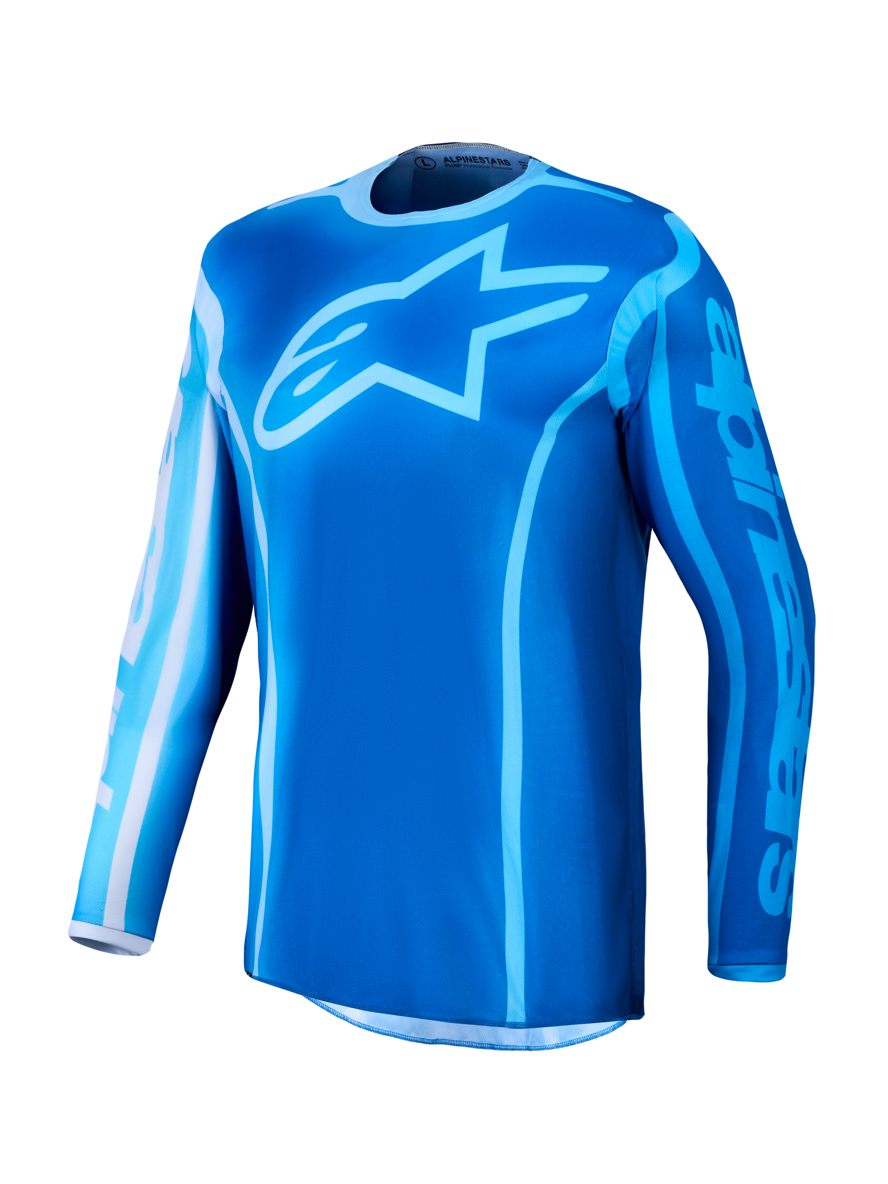 Alpinestars 2027 Fluid Kepler trøje, blå motocrosstrøje i fugttransporterende polyfabric med stort stjernelogo på brystet.