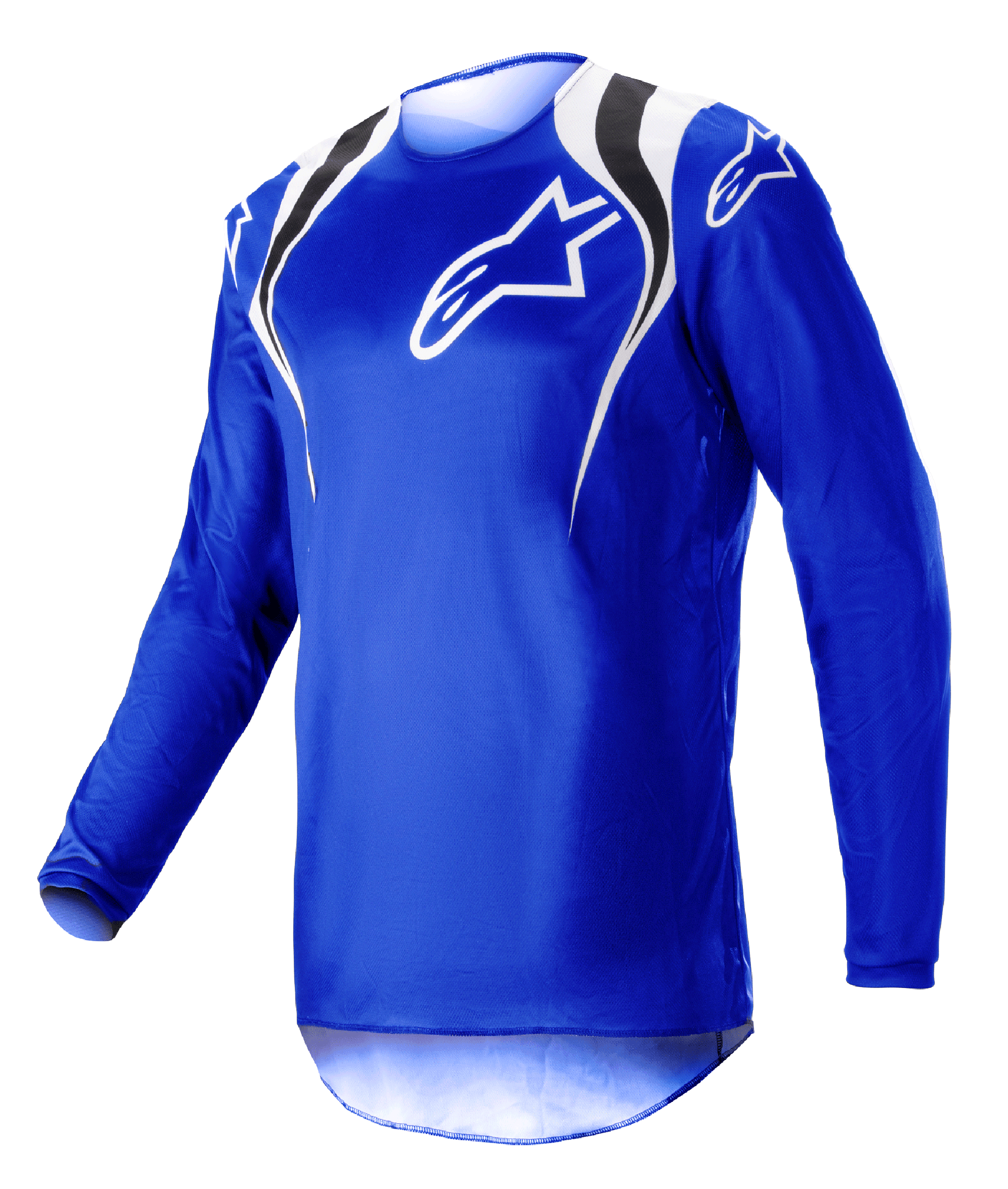 Alpinestars 2023 Fluid Narin Jersey, motocross-trøje, Blue Ray White, med hvide og sorte detaljer på skuldrene og hvidt logo på brystet, letvægts langærmet design til terrænkørsel