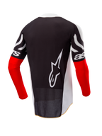 Alpinestars Limited Edition Techstar Deep Jersey, Motocross Jersey, Back View, Black and White with High Red sleeves, large white Alpinestars logo on the back, athletic race fit with perforated poly-fabric