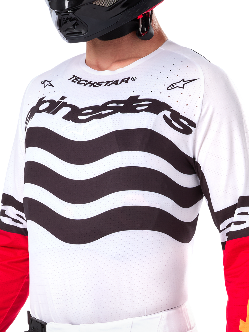 Alpinestars Limited Edition Techstar Deep jersey, motocross trøje, sort, hvid og High Red, atletisk race-pasform med tekniske strækpaneler, markant branding og laserskåret ventilation til off-road ydeevne