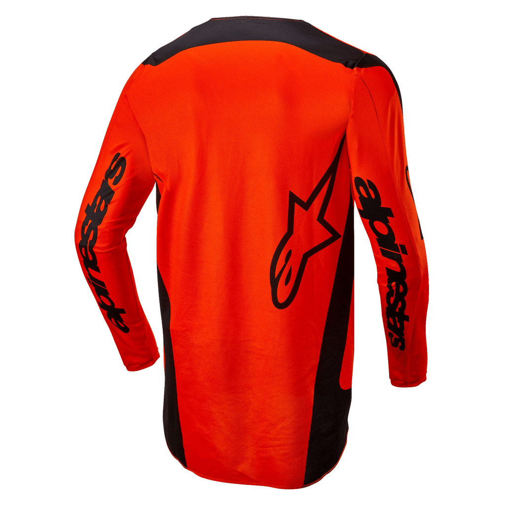 Alpinestars 2024 Fluid Lurv trøje, motocross-trøje, Hot Orange og sort, set bagfra med stort sort stjerne-logo og Alpinestars-branding på ærmerne, forlænget bagstykke for ekstra dækning, letvægts poly-stof til off-road racing