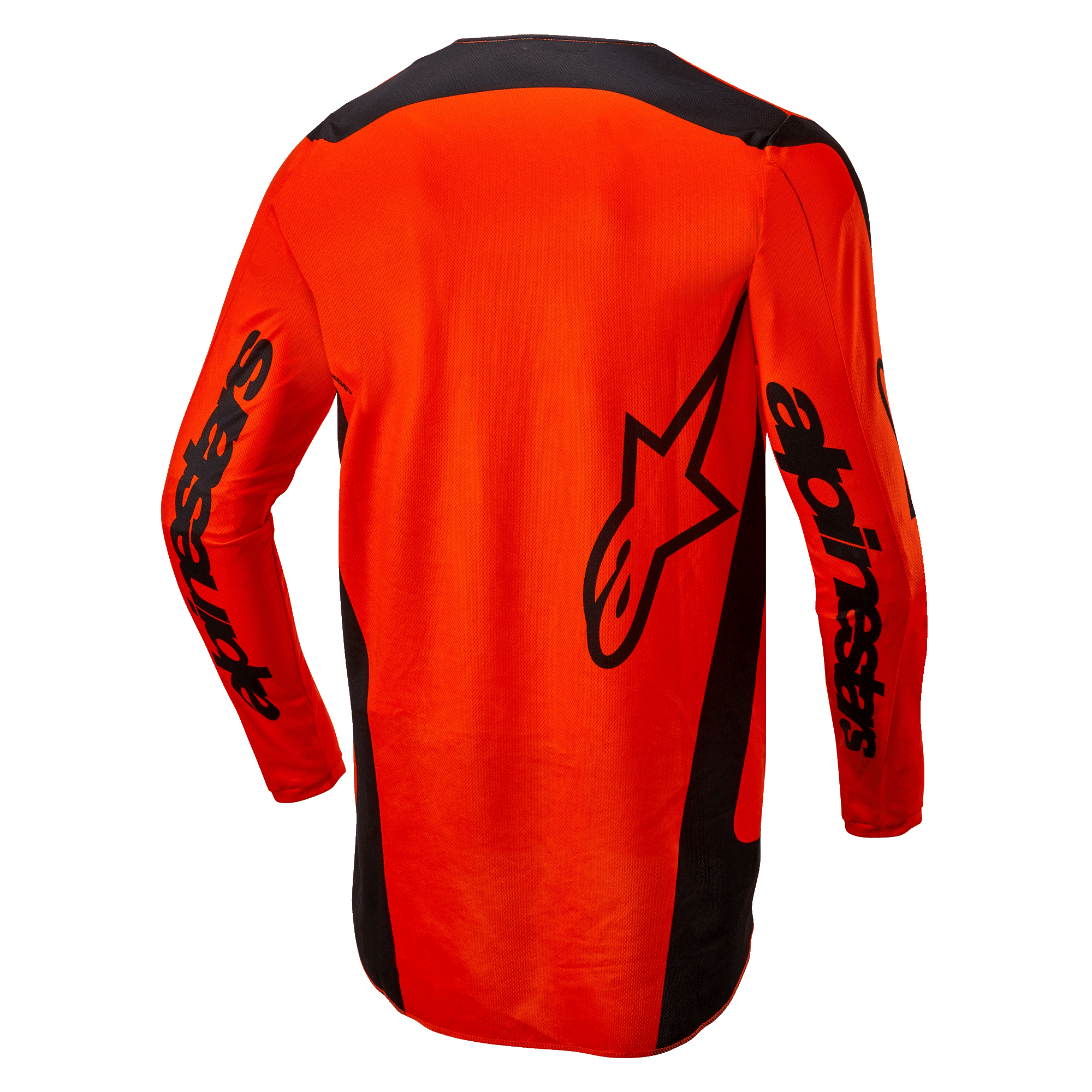 Alpinestars 2024 Fluid Lurv trøje, motocross-trøje, Hot Orange og sort, set bagfra med stort sort stjerne-logo og Alpinestars-branding på ærmerne, forlænget bagstykke for ekstra dækning, letvægts poly-stof til off-road racing