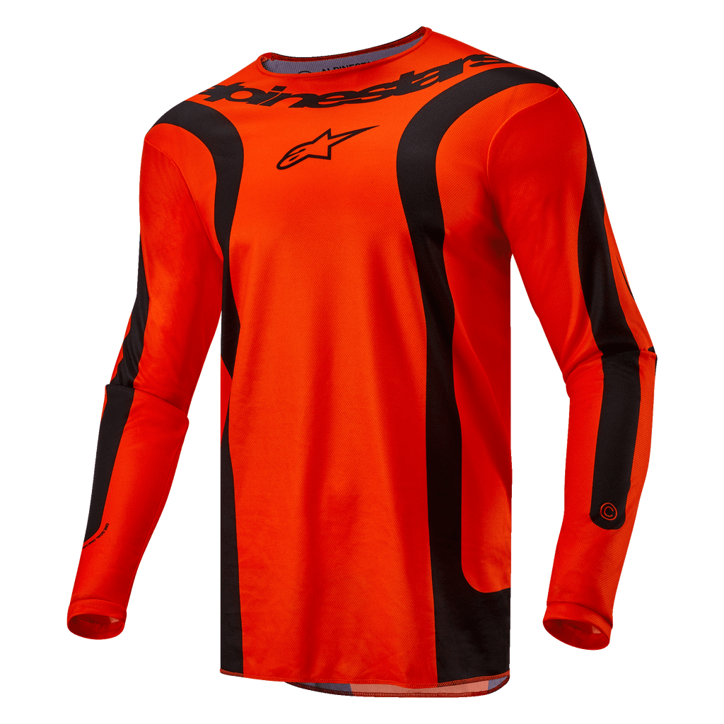 Alpinestars 2024 Fluid Lurv Jersey, motocross-trøje, Hot Orange og sort, lange ærmer med sorte buede paneler, har sort Alpinestars-logo på brystet og branding på halsen, atletisk sportspasform til off-road racing