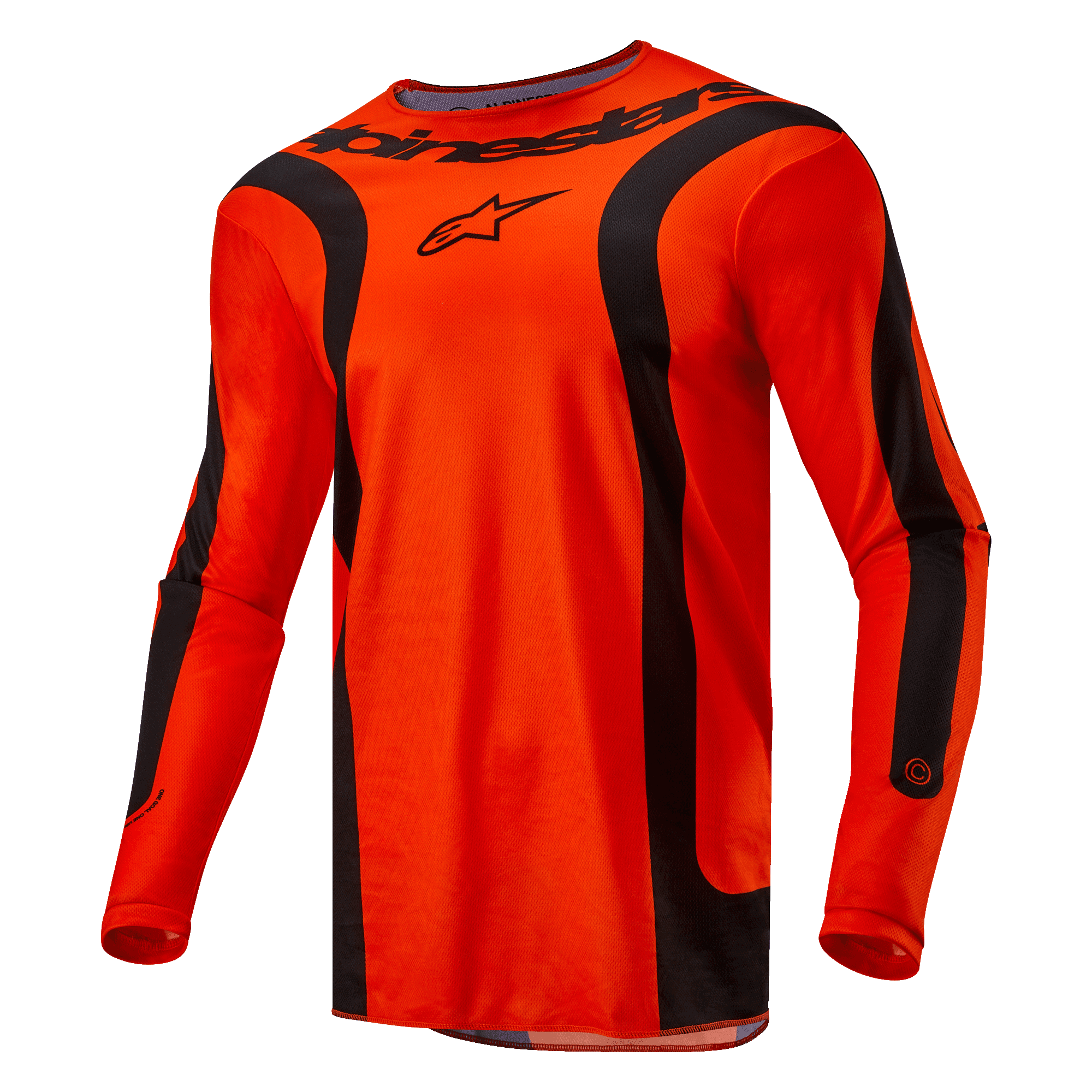 Alpinestars 2024 Fluid Lurv Jersey, motocross-trøje, Hot Orange og sort, lange ærmer med sorte buede paneler, har sort Alpinestars-logo på brystet og branding på halsen, atletisk sportspasform til off-road racing