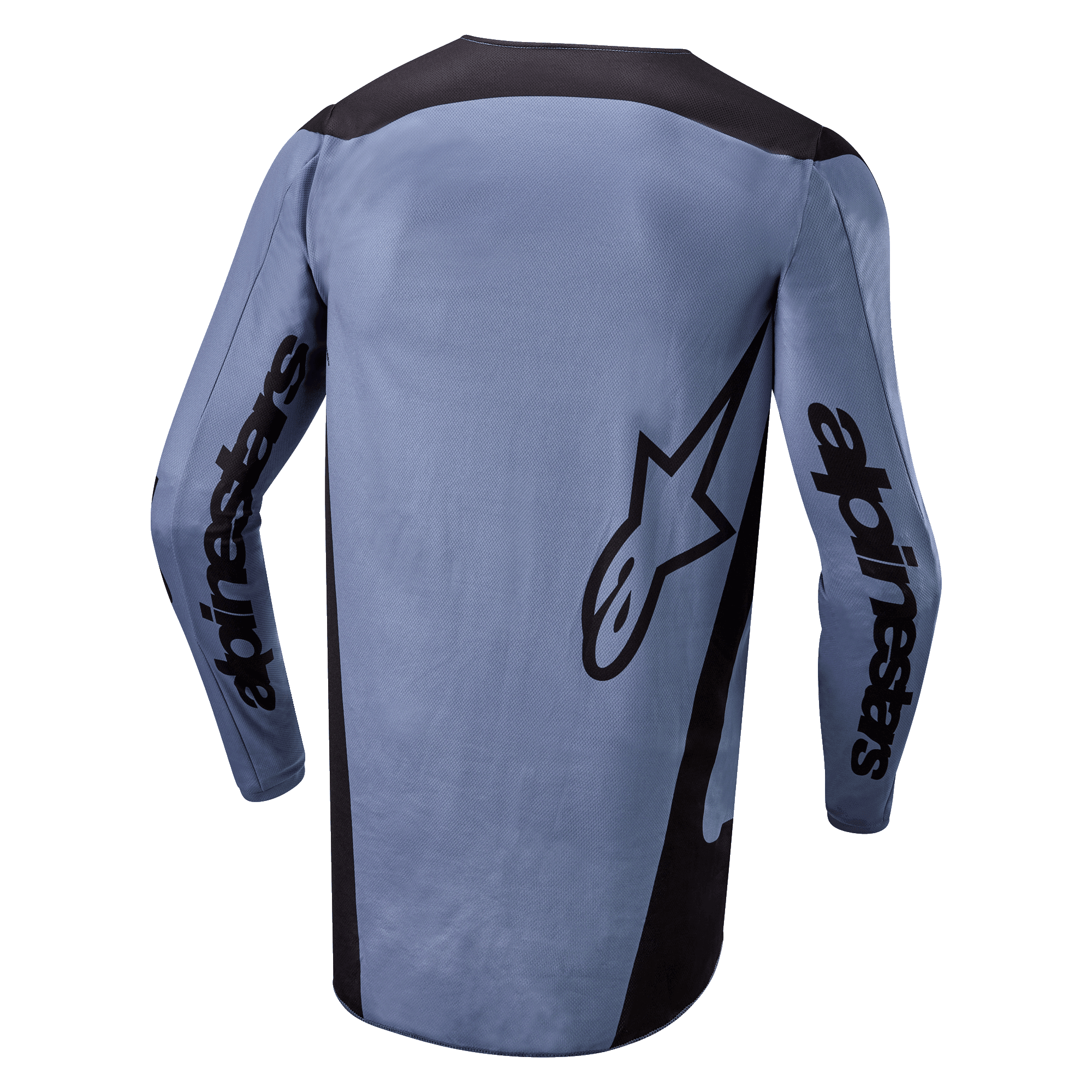 Alpinestars 2024 Fluid Lurv trøje, motocross trøje, lyseblå og sort, set bagfra med Alpinestars-branding på ærmerne og stjernelogo bagpå, forlænget ryg, åndbart performancestof til off-road racing