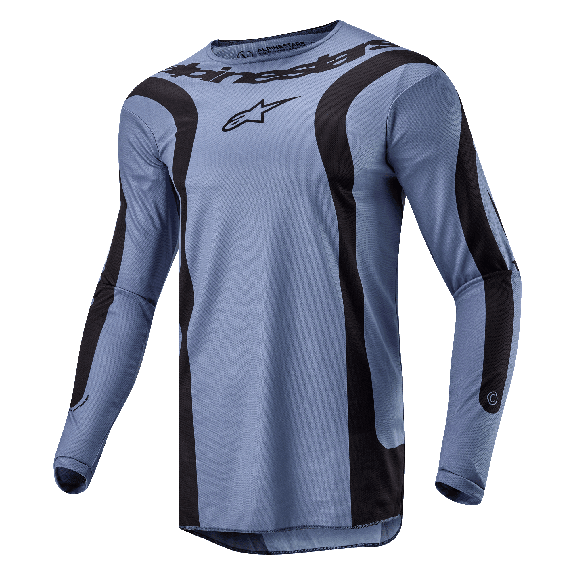 Alpinestars 2024 Fluid Lurv Jersey, motocross trøje, lyseblå og sort, med markante buede sorte grafikker på fronten og ærmerne, centralt Alpinestars-logo på brystet, højtydende poly-stof konstruktion med sportskrave