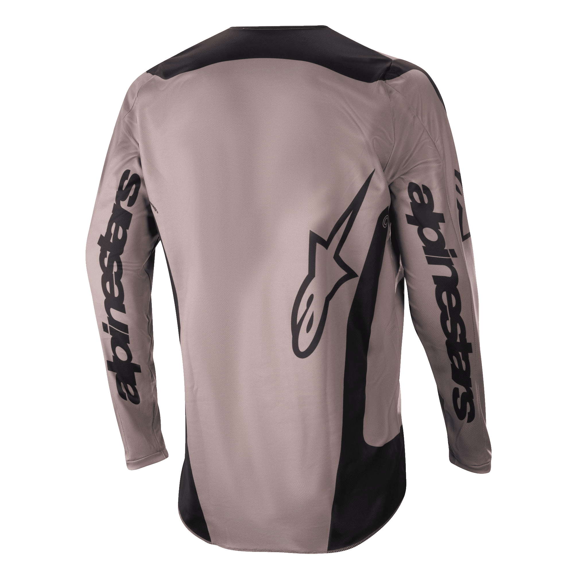 Alpinestars 2024 Fluid Lurv Jersey, Motocross Jersey, Mud Black, back view showing large Alpinestars branding on the sleeves and lower back, black panels on shoulders and sides, performance off-road riding gear