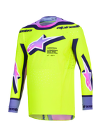 Alpinestars 2026 Supertech Vista trøje, motocross jersey, stærk gul med lilla og sorte detaljer, lyserød-til-lilla gradient Astars-logoer, atletisk race-pasform med laser-skårne perforeringer til off-road racerpræstation