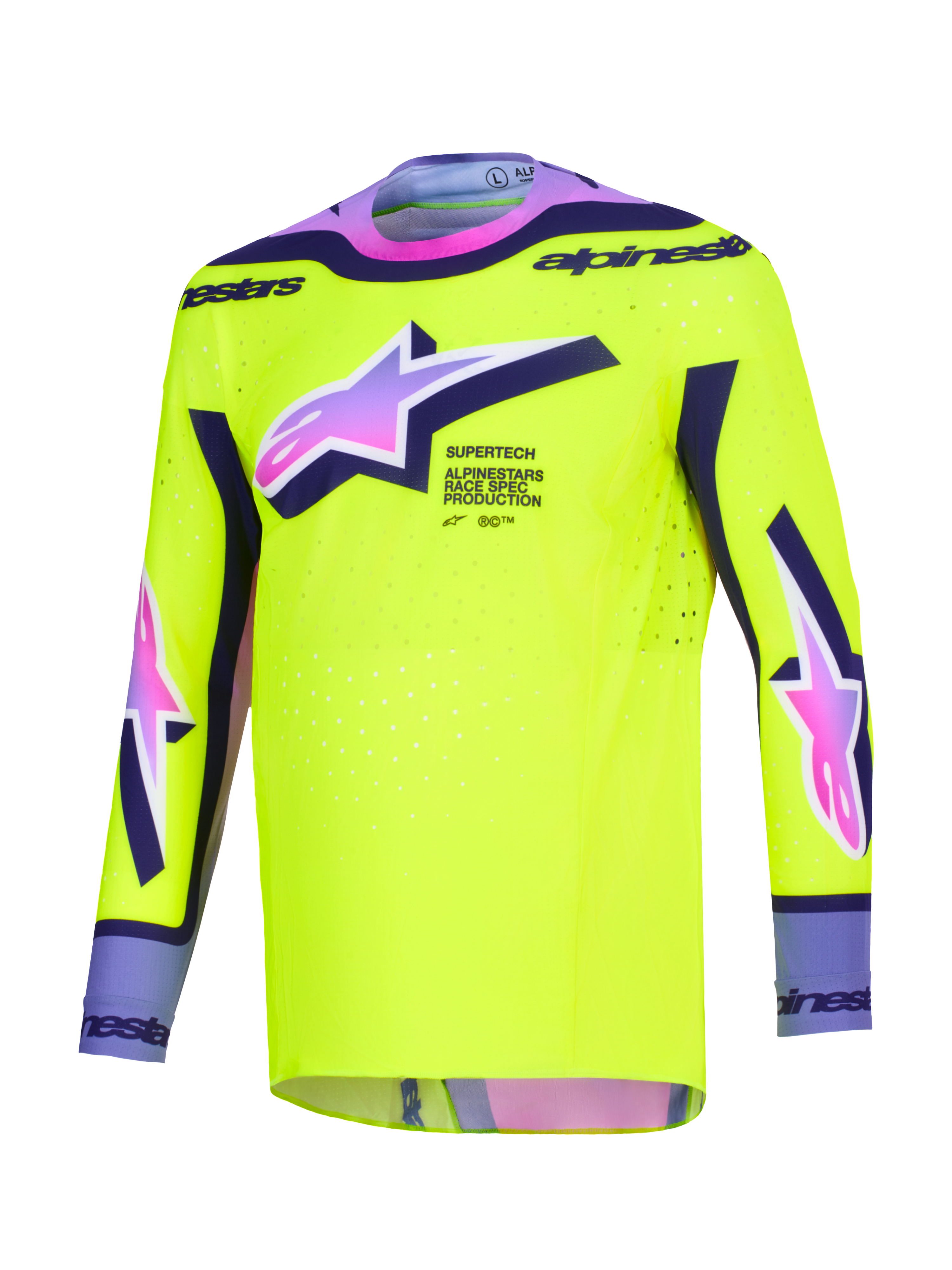 Alpinestars 2026 Supertech Vista trøje, motocross jersey, stærk gul med lilla og sorte detaljer, lyserød-til-lilla gradient Astars-logoer, atletisk race-pasform med laser-skårne perforeringer til off-road racerpræstation