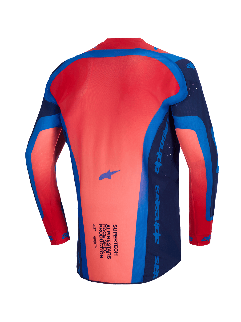 Alpinestars 2026 Supertech Vista Jersey, motocross jersey, mørkeblå, Hot Coral og kobolt, set bagfra, der viser den forlængede rygprofil og den lette mesh-konstruktion