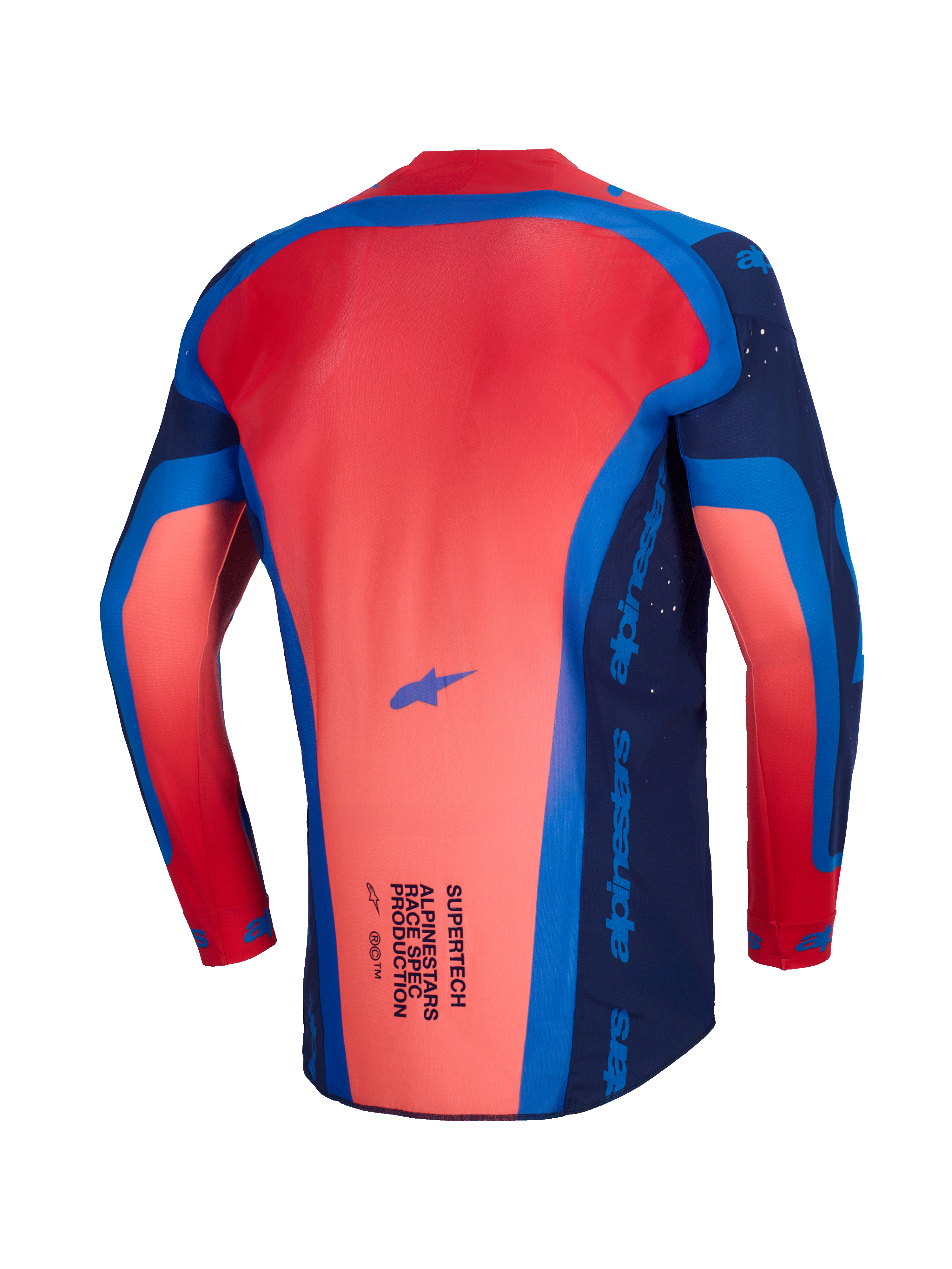 Alpinestars 2026 Supertech Vista Jersey, motocross jersey, mørkeblå, Hot Coral og kobolt, set bagfra, der viser den forlængede rygprofil og den lette mesh-konstruktion