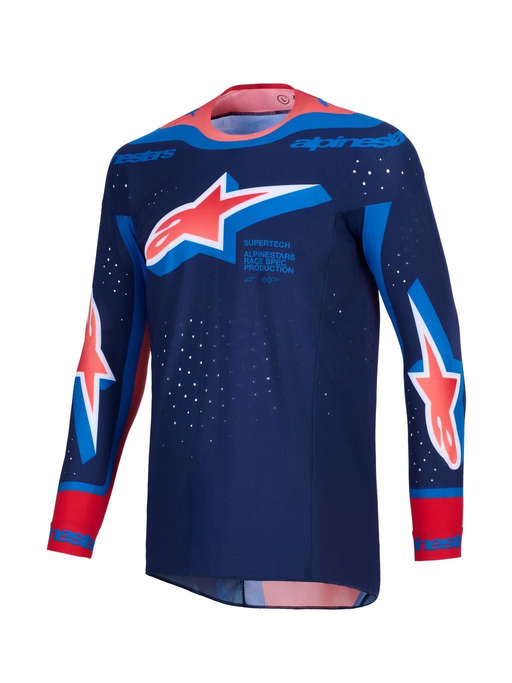 Alpinestars 2026 Supertech Vista Jersey, motocross-trøje, mørkeblå med Hot Coral og Cobalt Blue detaljer, med store Astar-logoer på brystet og ærmerne, atletisk race-pasform med laser-skårne perforeringer og en sømløs bundet krave