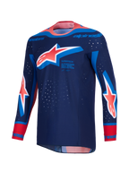 Alpinestars 2026 Supertech Vista Jersey, motocross-trøje, mørkeblå med Hot Coral og Cobalt Blue detaljer, med store Astar-logoer på brystet og ærmerne, atletisk race-pasform med laser-skårne perforeringer og en sømløs bundet krave