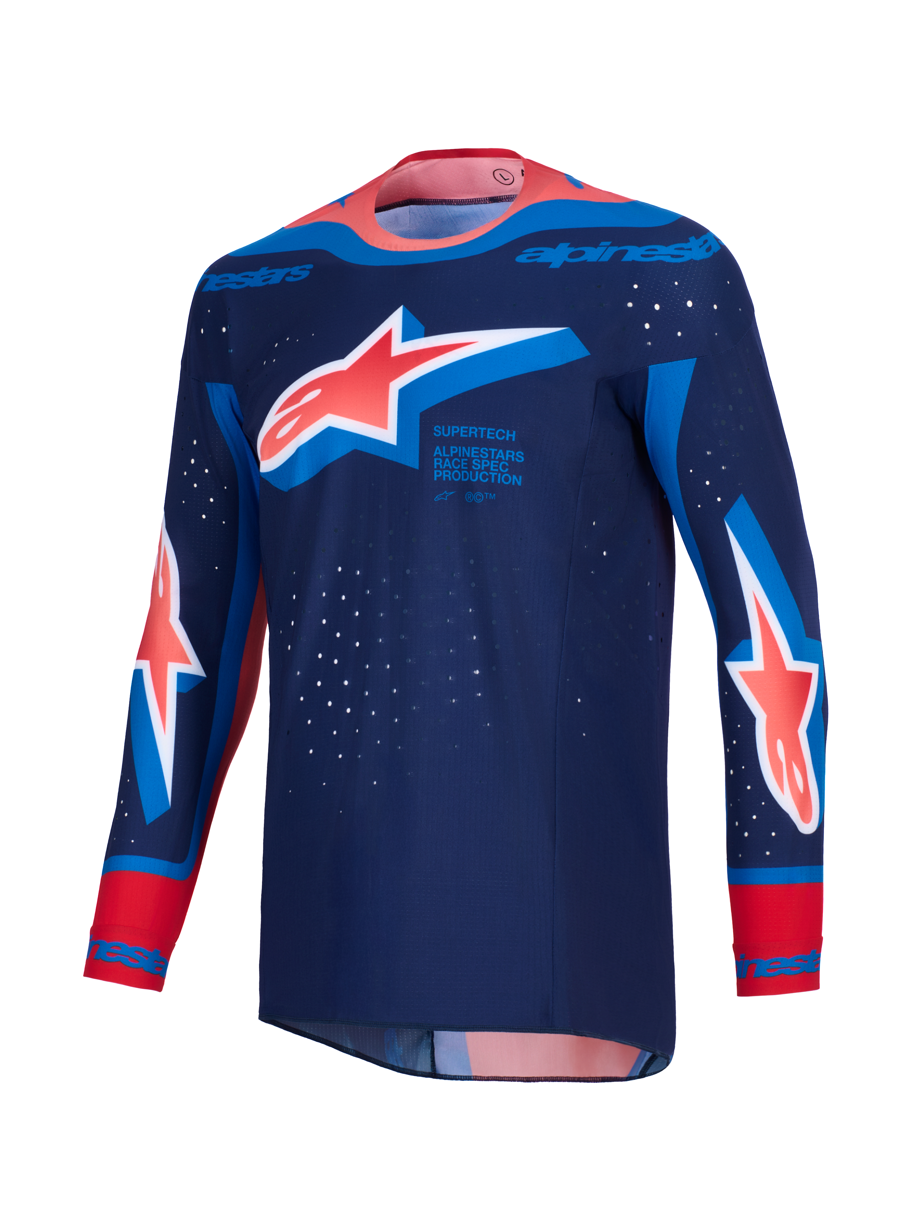 Alpinestars 2026 Supertech Vista Jersey, motocross-trøje, mørkeblå med Hot Coral og Cobalt Blue detaljer, med store Astar-logoer på brystet og ærmerne, atletisk race-pasform med laser-skårne perforeringer og en sømløs bundet krave